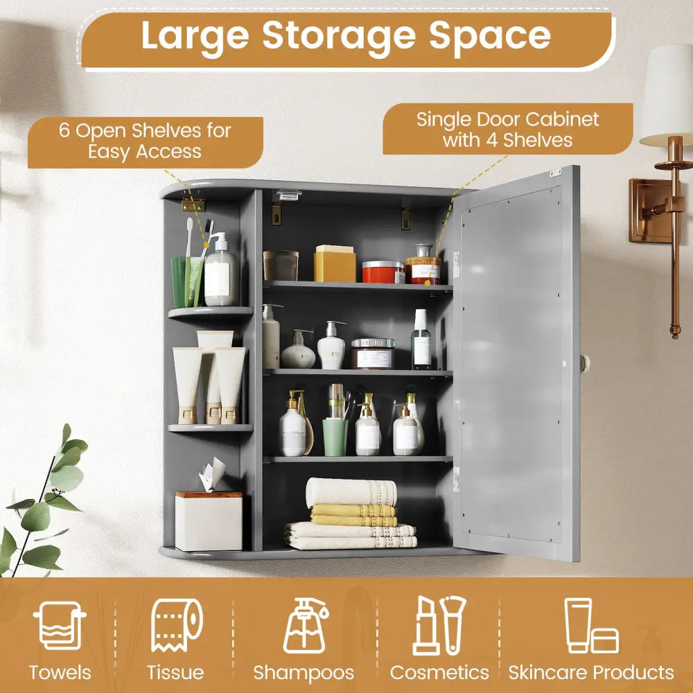 Multipurpose Mount Wall Surface Bathroom Storage Cabinet with Mirror-Gray - Gray - Wall Cabinets