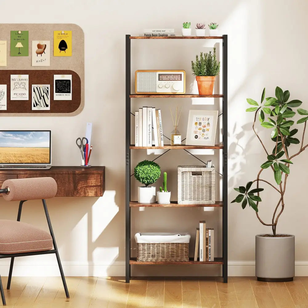 Multipurpose Open Bookcase Industrial Rack Wide Standing Storage Shelf-Brown - Brown - Bookcases