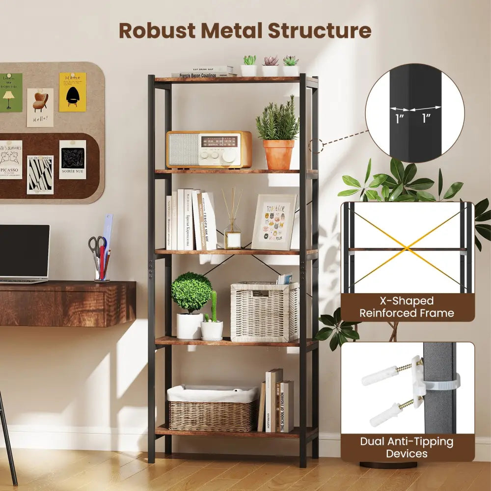 Multipurpose Open Bookcase Industrial Rack Wide Standing Storage Shelf-Brown - Brown - Bookcases