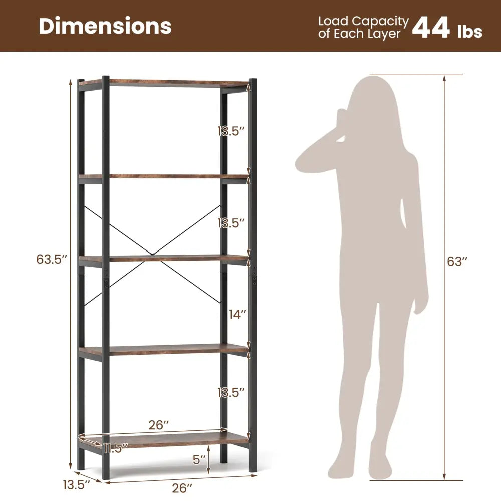 Multipurpose Open Bookcase Industrial Rack Wide Standing Storage Shelf-Brown - Brown - Bookcases