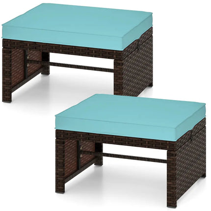 Multipurpose Outdoor 2 Pieces Patio PE Rattan Ottomans Footstool-Turquoise - Turquoise - Outdoor Seating & Patio Chairs