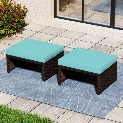 Multipurpose Outdoor 2 Pieces Patio PE Rattan Ottomans Footstool-Turquoise - Turquoise - Outdoor Seating & Patio Chairs
