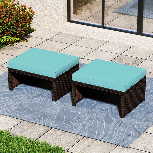 Multipurpose Outdoor 2 Pieces Patio PE Rattan Ottomans Footstool-Turquoise - Turquoise - Outdoor Seating & Patio Chairs