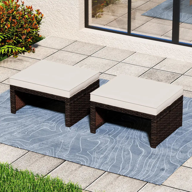 Multipurpose Outdoor 2 Pieces Patio PE Rattan Ottomans Footstool-White - White - Outdoor Seating & Patio Chairs