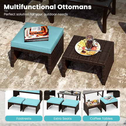 Multipurpose Outdoor 2 Pieces Patio PE Rattan Ottomans Footstool-Turquoise - Turquoise - Outdoor Seating & Patio Chairs