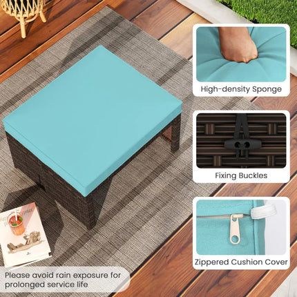 Multipurpose Outdoor 2 Pieces Patio PE Rattan Ottomans Footstool-Turquoise - Turquoise - Outdoor Seating & Patio Chairs