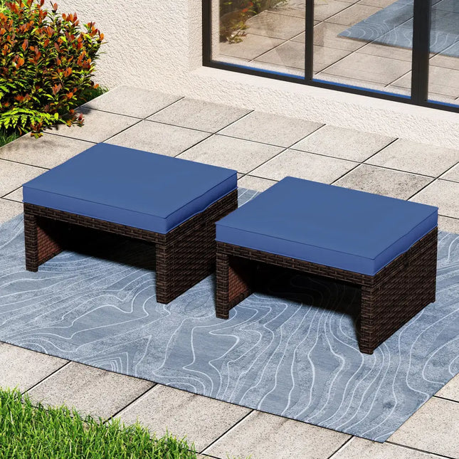 Multipurpose Outdoor 2 Pieces Patio PE Rattan Ottomans Footstool-Navy - Navy - Outdoor Seating & Patio Chairs