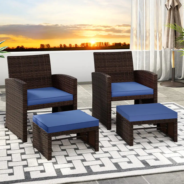 Multipurpose Outdoor 2 Pieces Patio PE Rattan Ottomans Footstool-Navy - Navy - Outdoor Seating & Patio Chairs