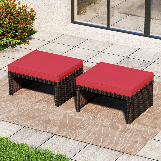 Multipurpose Outdoor 2 Pieces Patio PE Rattan Ottomans Footstool-Red - Red - Outdoor Seating & Patio Chairs