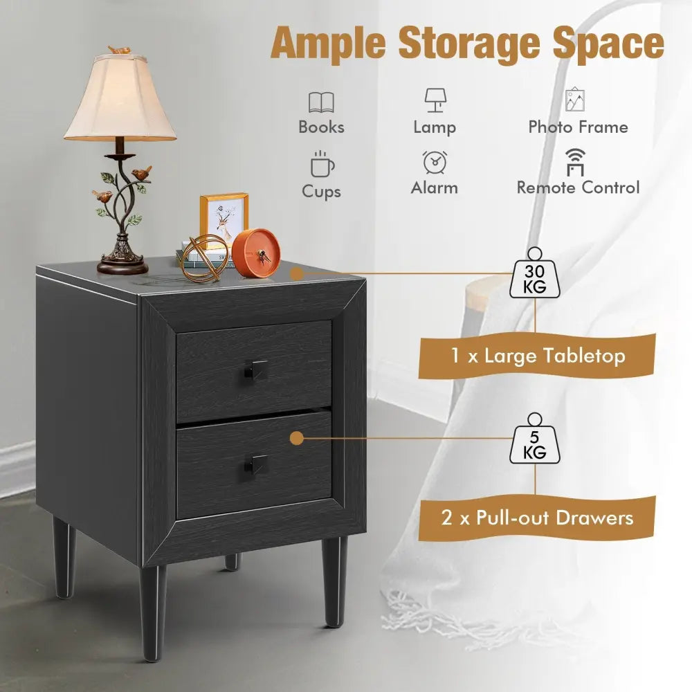 Multipurpose Retro Bedside Nightstand/ End Table with 2 Drawers-Black - Black - Nightstands