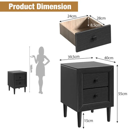 Multipurpose Retro Bedside Nightstand/ End Table with 2 Drawers-Black - Black - Nightstands