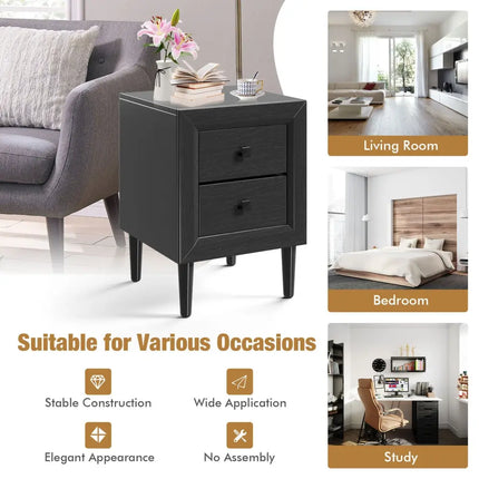 Multipurpose Retro Bedside Nightstand/ End Table with 2 Drawers-Black - Black - Nightstands