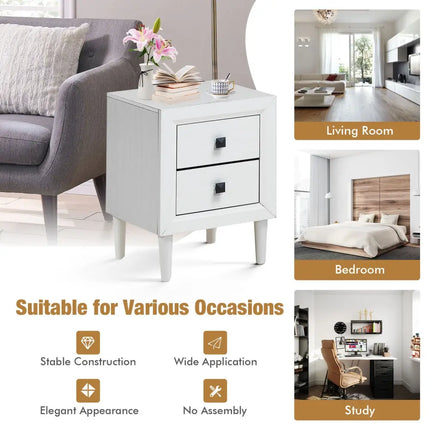 Multipurpose Retro Bedside Nightstand/ End Table with 2 Drawers-White - White - Nightstands