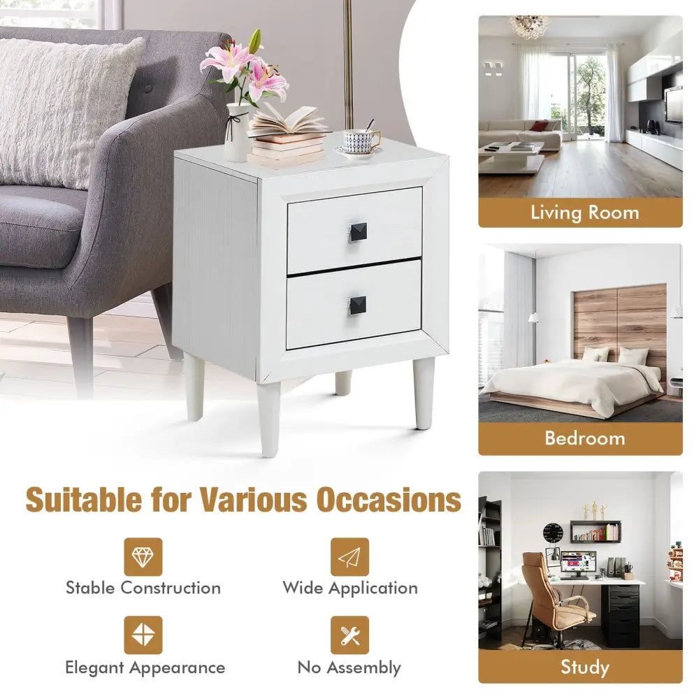 Multipurpose Retro Bedside Nightstand/ End Table with 2 Drawers-White - White - Nightstands