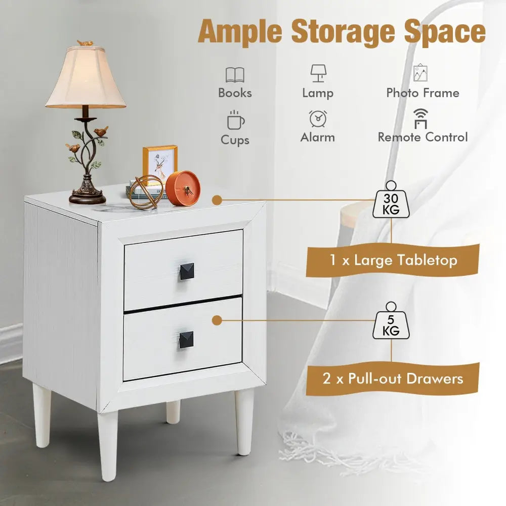 Multipurpose Retro Bedside Nightstand/ End Table with 2 Drawers-White - White - Nightstands