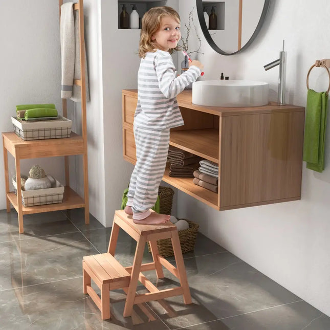Multipurpose Wood Folding 2-Step Stool for Indoor Outdoor Plant Stand-Natural - Natural - Ladders