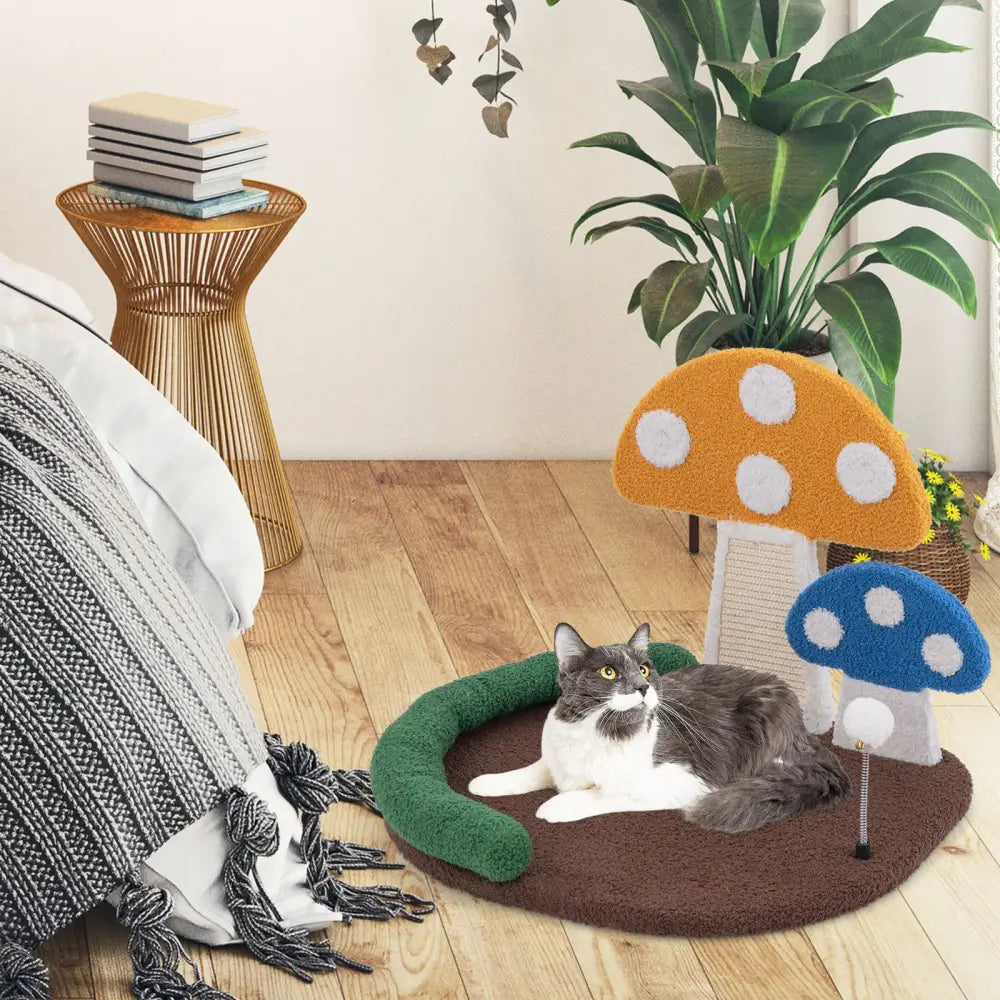 Mushroom Cat Bed Cat Claw Scratcher with Wide Bed and Sisal Scratch Panel-Multicolor - Multicolor - Cat Houses