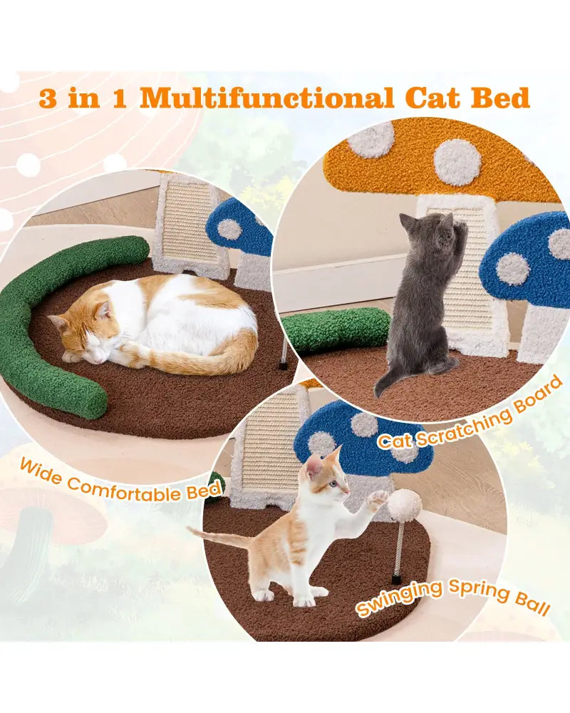 Mushroom Cat Bed Cat Claw Scratcher with Wide Bed and Sisal Scratch Panel-Multicolor - Multicolor - Cat Houses