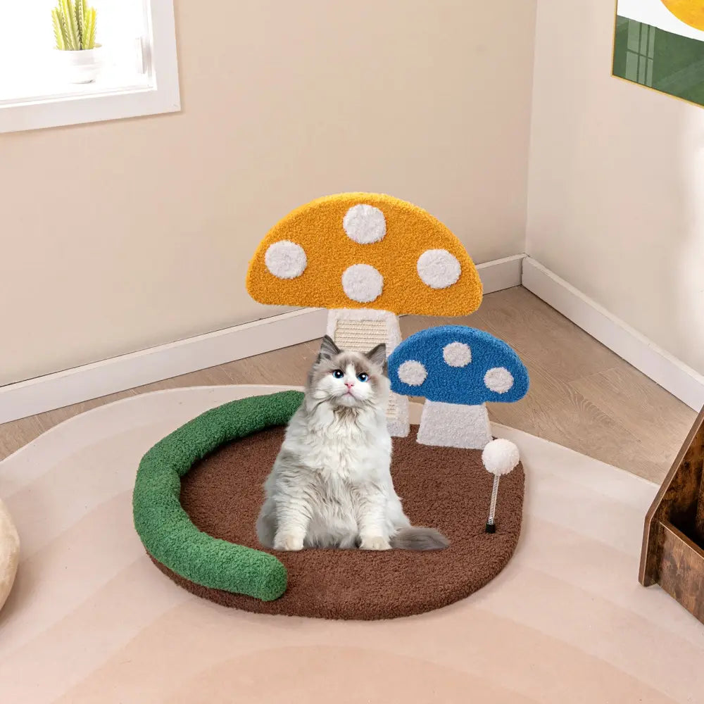 Mushroom Cat Bed Cat Claw Scratcher with Wide Bed and Sisal Scratch Panel-Multicolor - Multicolor - Cat Houses
