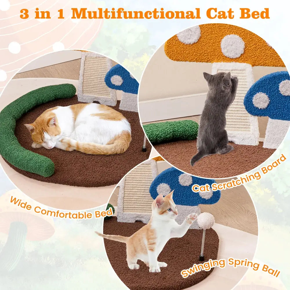 Mushroom Cat Bed Cat Claw Scratcher with Wide Bed and Sisal Scratch Panel-Multicolor - Multicolor - Cat Houses