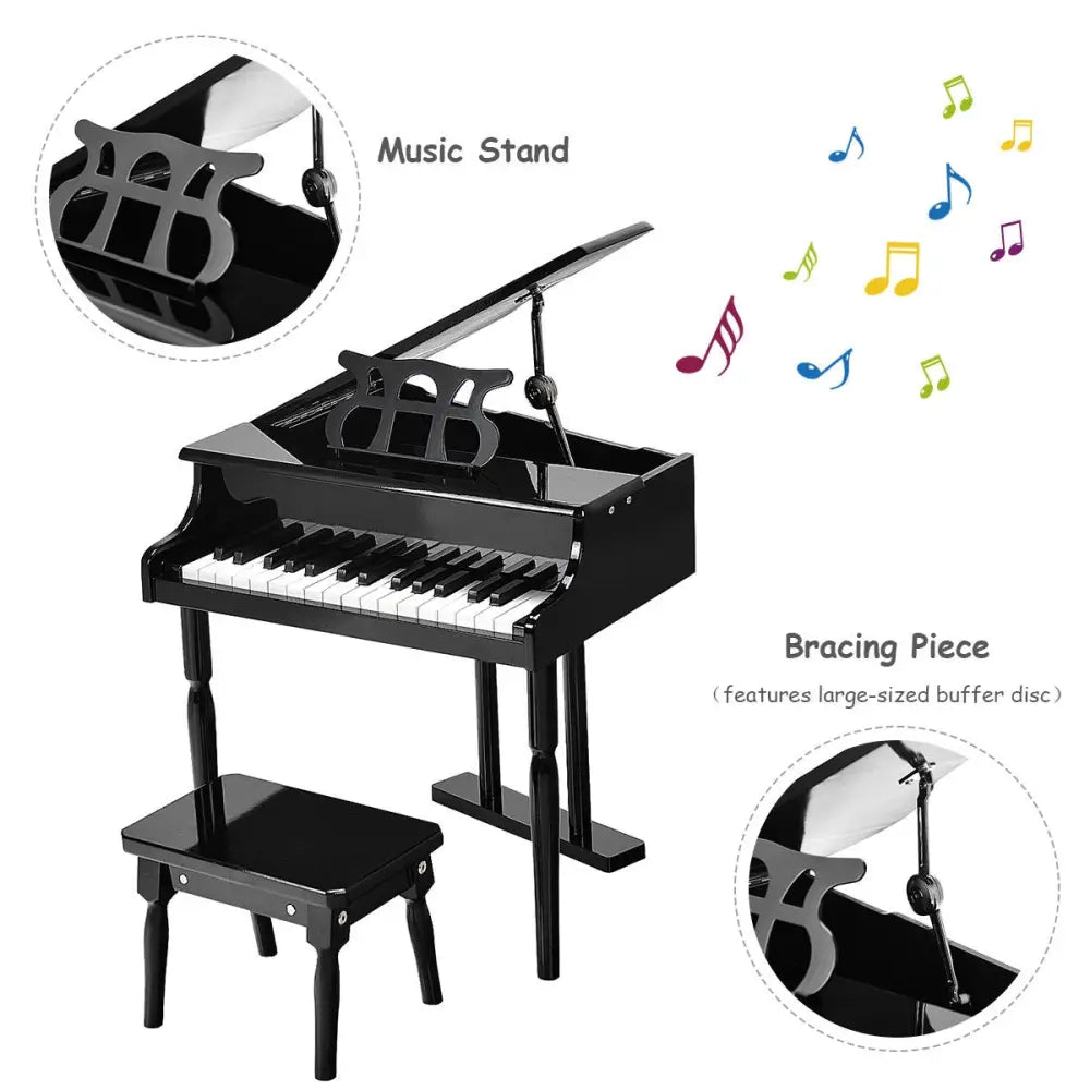 Musical Instrument Toy 30-Key Children Mini Grand Piano with Bench-Black - Black - Pianos & Keyboards