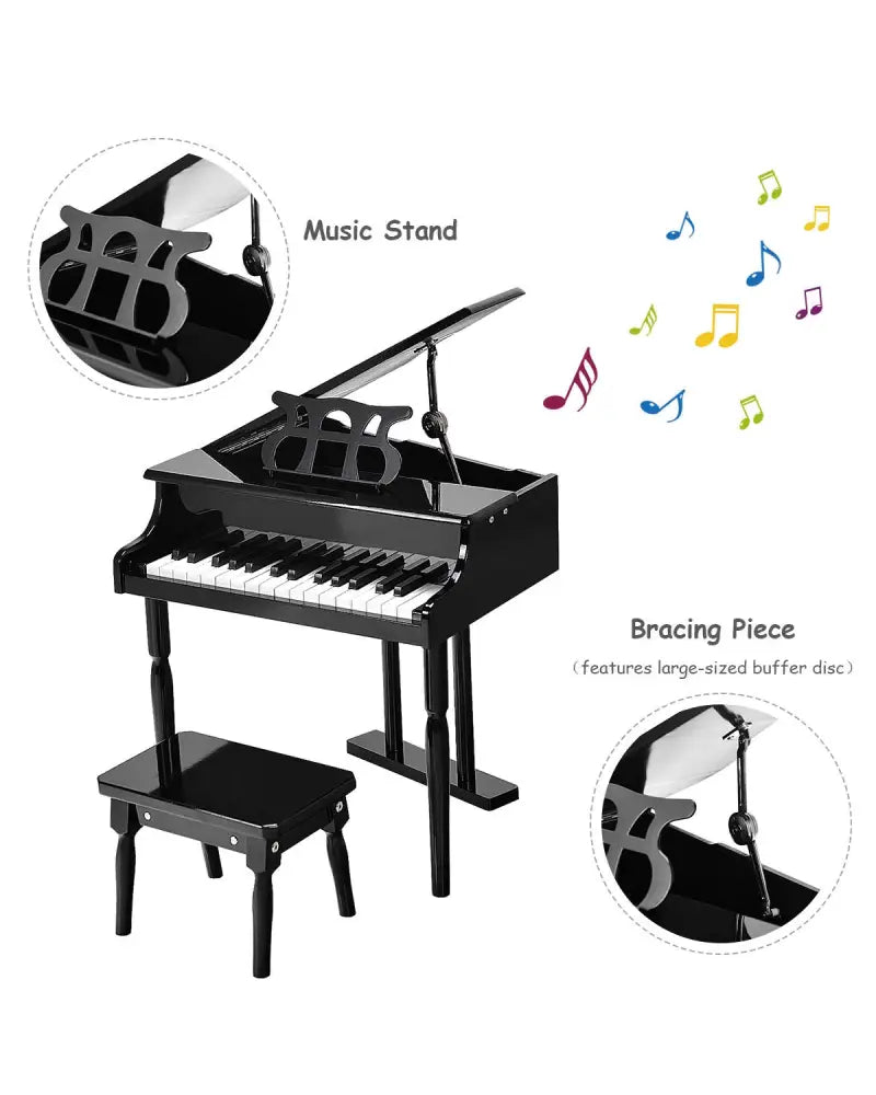 Musical Instrument Toy 30-Key Children Mini Grand Piano with Bench-Black - Black - Pianos & Keyboards