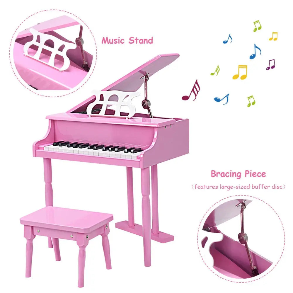 Musical Instrument Toy 30-Key Children Mini Grand Piano with Bench-Pink - Pink - Pianos & Keyboards