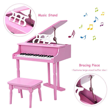 Musical Instrument Toy 30-Key Children Mini Grand Piano with Bench-Pink - Pink - Pianos & Keyboards