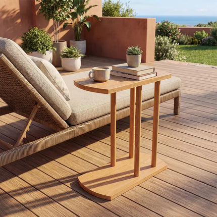 Narrow 2-Tier C-shaped Teak Wood Side Table with Thickened Top and Sturdy Base - End & Side Tables