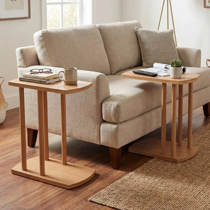 Narrow 2-Tier C-shaped Teak Wood Side Table with Thickened Top and Sturdy Base - End & Side Tables