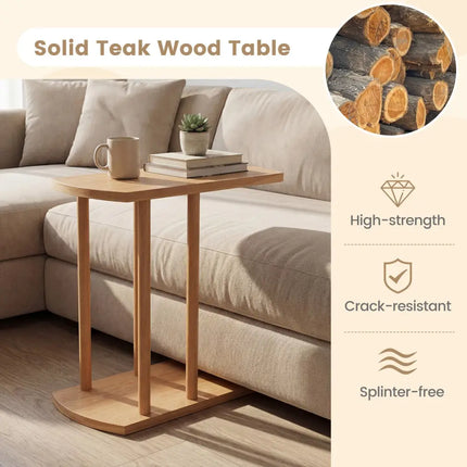 Narrow 2-Tier C-shaped Teak Wood Side Table with Thickened Top and Sturdy Base - End & Side Tables