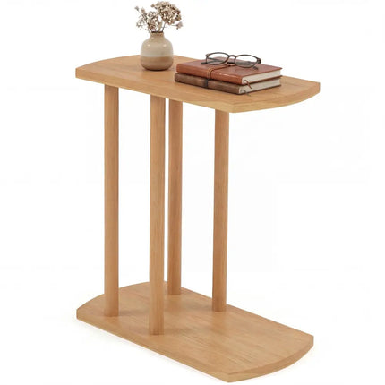 Narrow 2-Tier C-shaped Teak Wood Side Table with Thickened Top and Sturdy Base - End & Side Tables