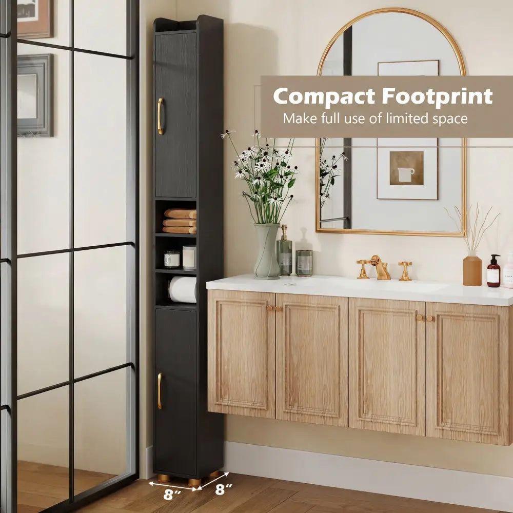Narrow Bathroom Storage Cabinet with Open Shelves and Toilet Paper Holder-Black - Black - Floor Cabinets