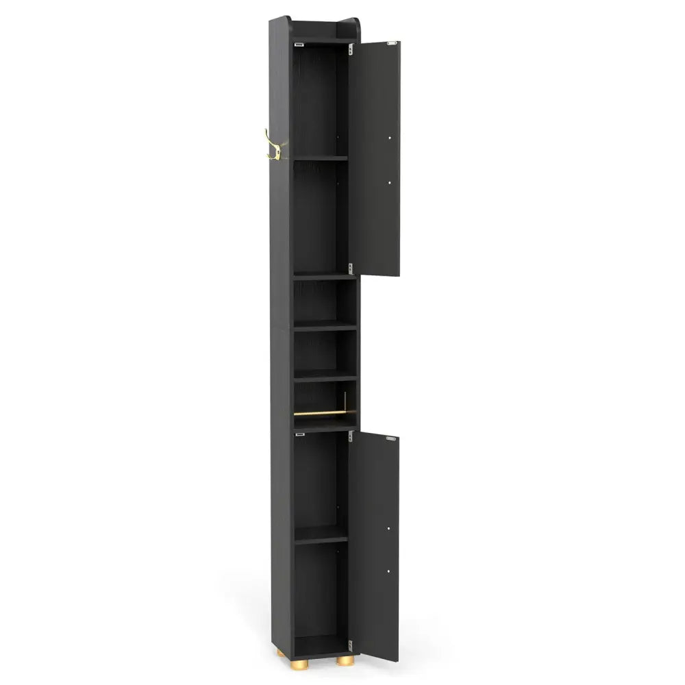 Narrow Bathroom Storage Cabinet with Open Shelves and Toilet Paper Holder-Black - Black - Floor Cabinets