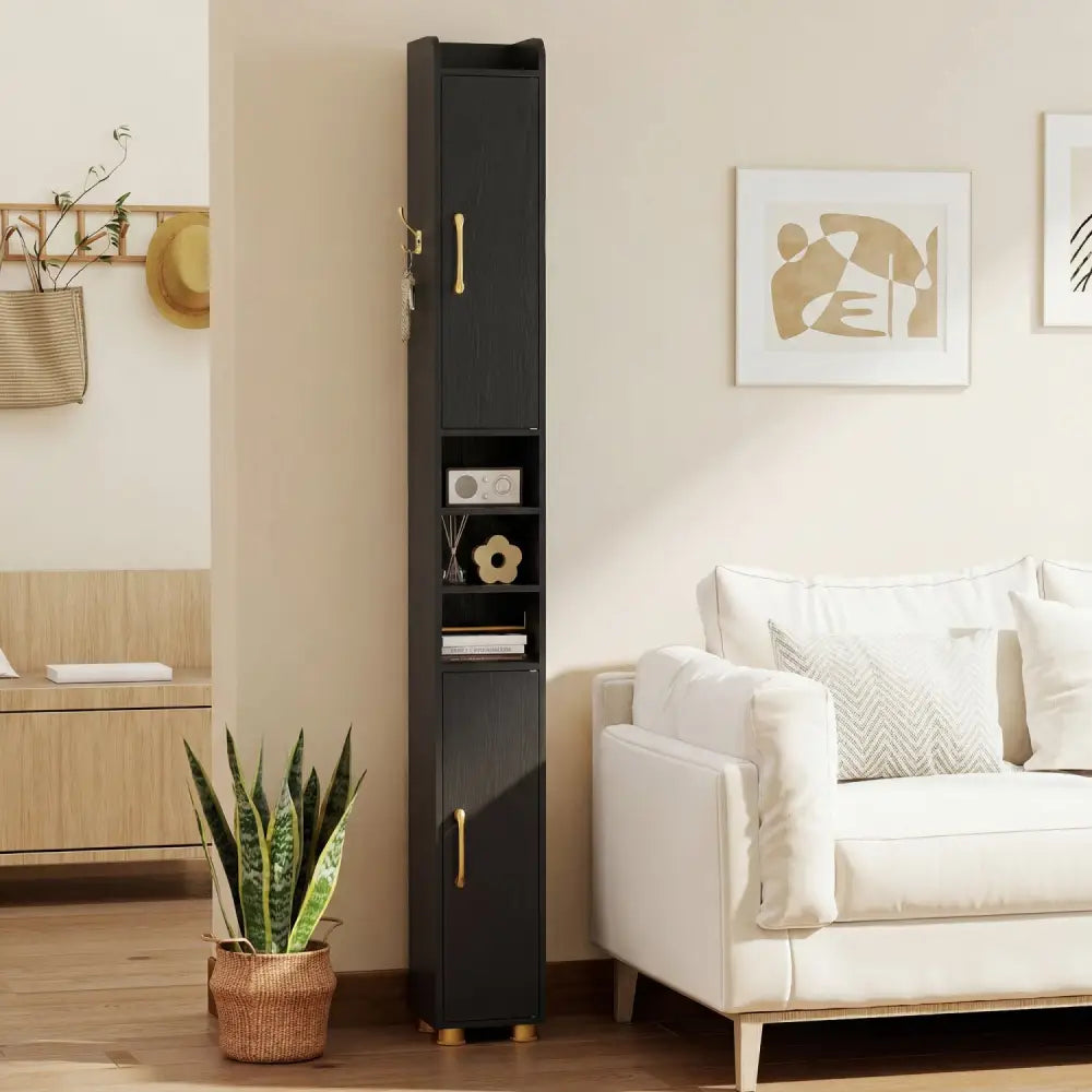 Narrow Bathroom Storage Cabinet with Open Shelves and Toilet Paper Holder-Black - Black - Floor Cabinets