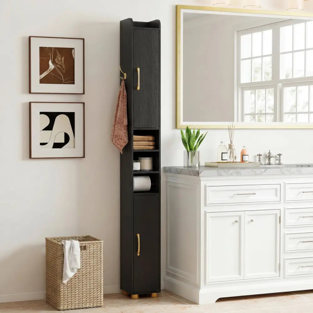 Narrow Bathroom Storage Cabinet with Open Shelves and Toilet Paper Holder-Black - Black - Floor Cabinets