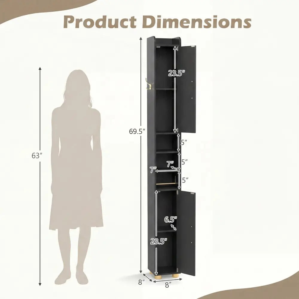 Narrow Bathroom Storage Cabinet with Open Shelves and Toilet Paper Holder-Black - Black - Floor Cabinets