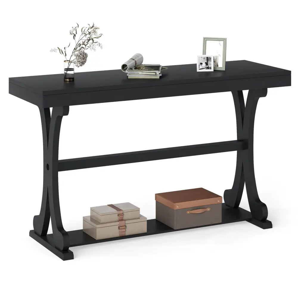 Narrow Console Table Vintage 52 Inch Long with Open Storage Shelf-Black - Black - Console Tables