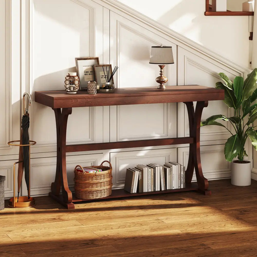 Narrow Console Table Vintage 52 Inch Long with Open Storage Shelf-Walnut - Walnut - Console Tables