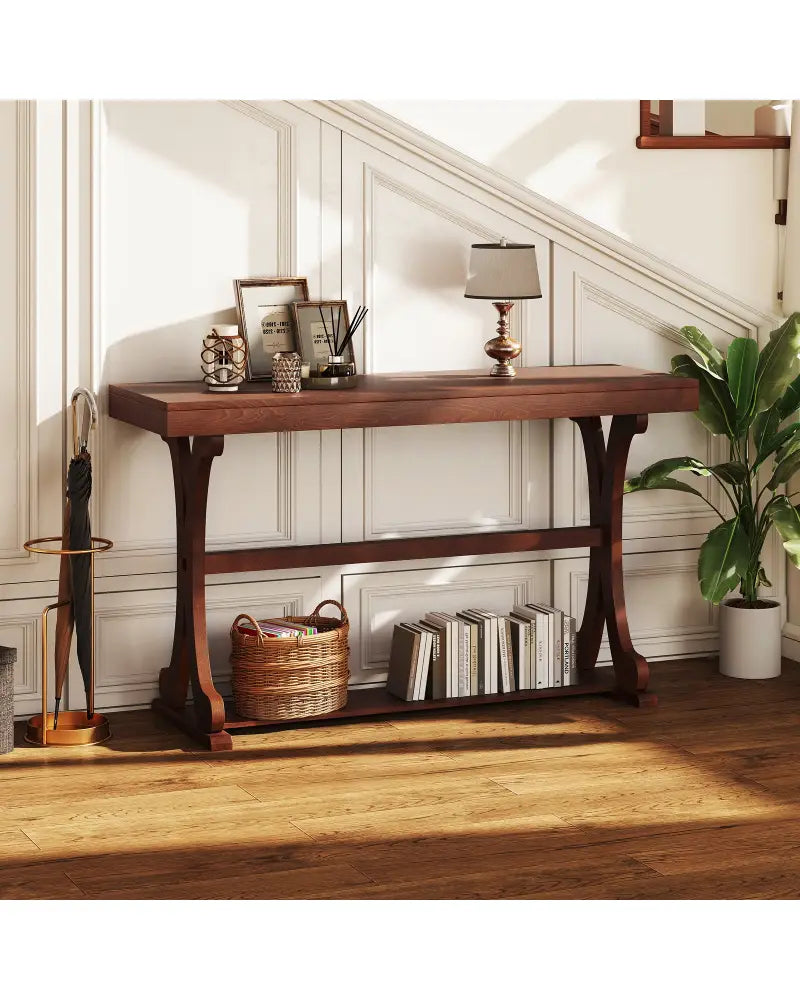 Narrow Console Table Vintage 52 Inch Long with Open Storage Shelf-Walnut - Walnut - Console Tables