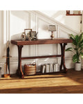 Narrow Console Table Vintage 52 Inch Long with Open Storage Shelf-Walnut - Walnut - Console Tables
