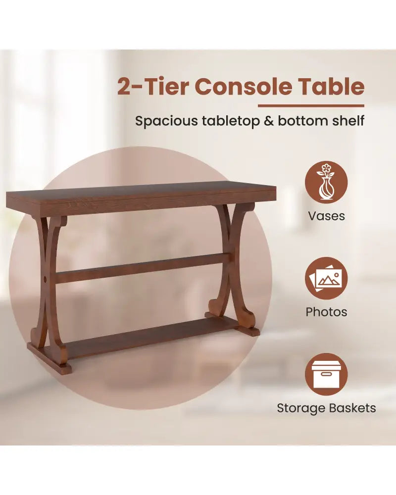 Narrow Console Table Vintage 52 Inch Long with Open Storage Shelf-Walnut - Walnut - Console Tables