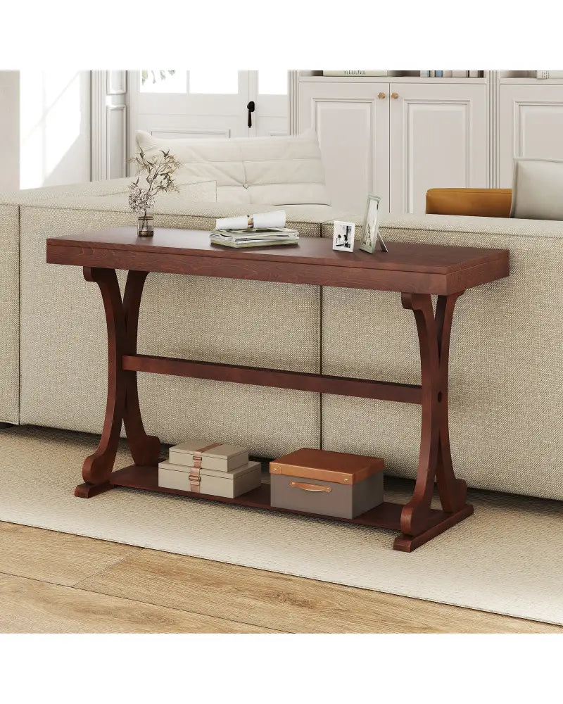 Narrow Console Table Vintage 52 Inch Long with Open Storage Shelf-Walnut - Walnut - Console Tables