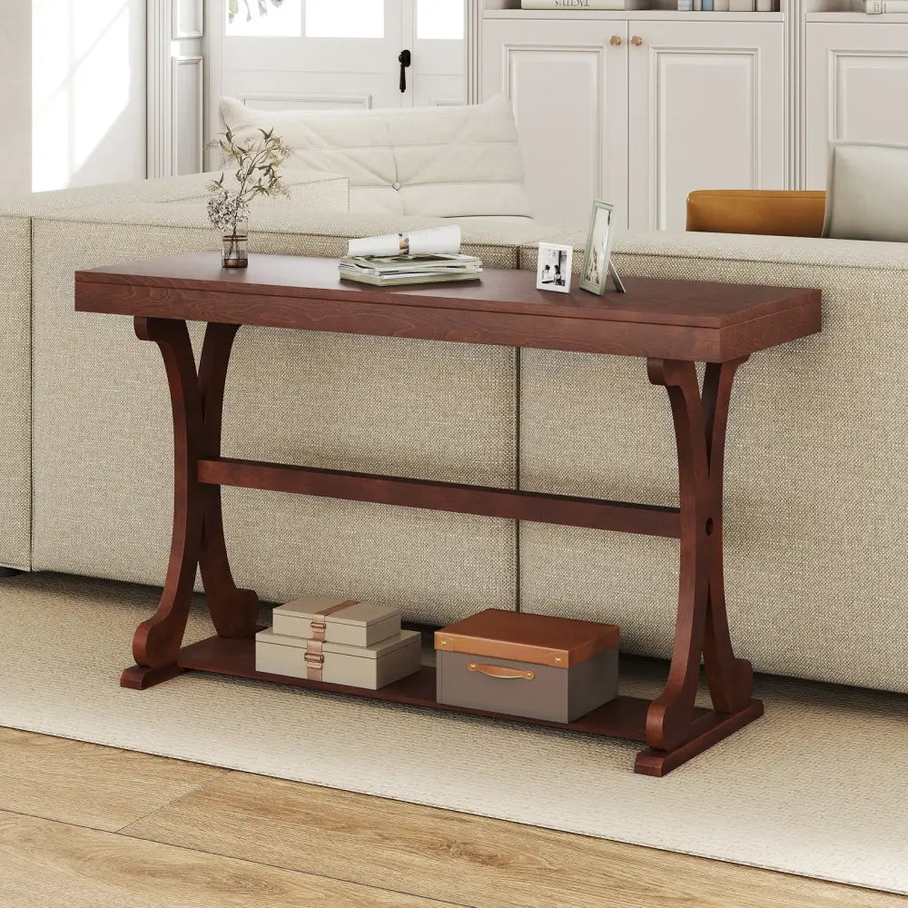 Narrow Console Table Vintage 52 Inch Long with Open Storage Shelf-Walnut - Walnut - Console Tables
