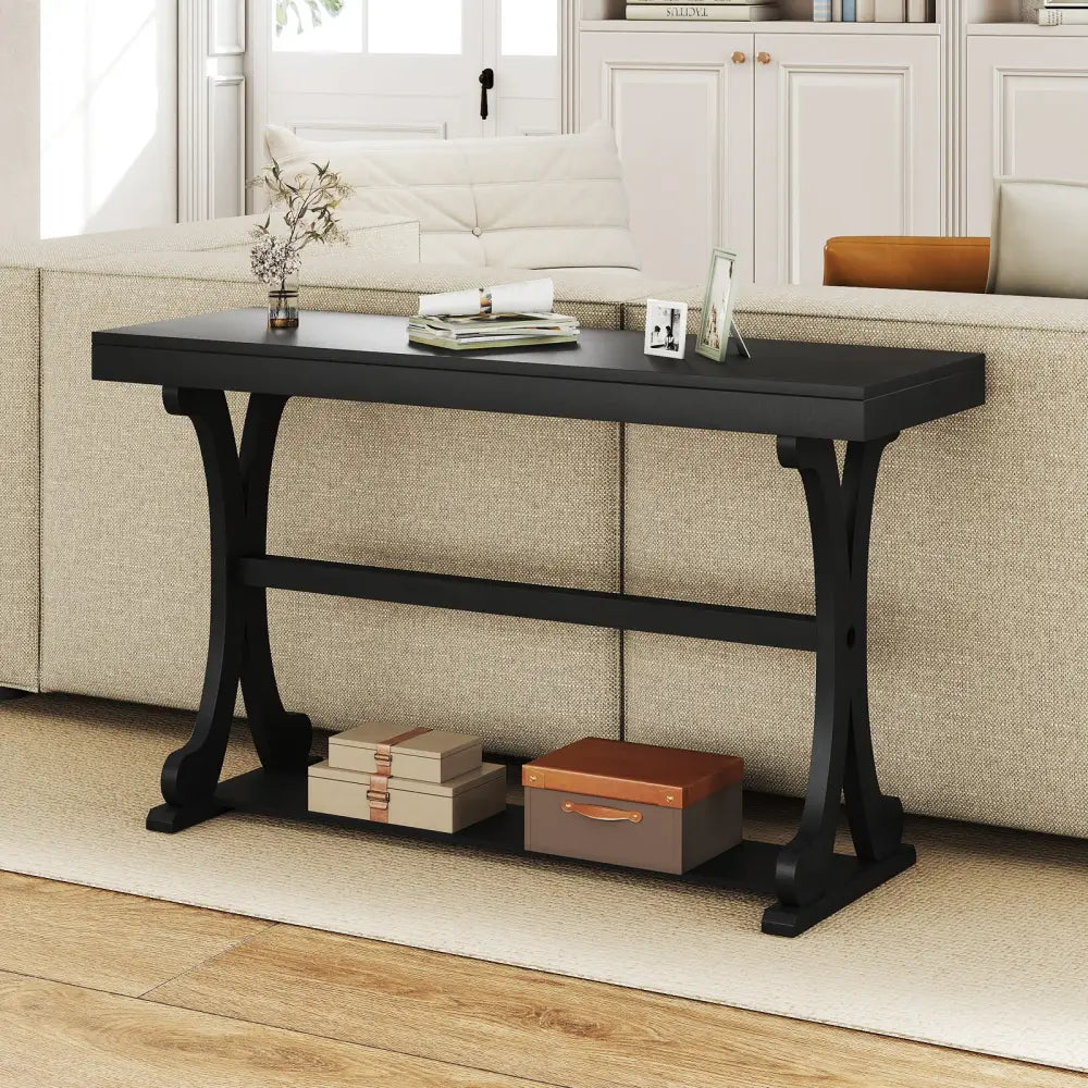 Narrow Console Table Vintage 52 Inch Long with Open Storage Shelf-Black - Black - Console Tables