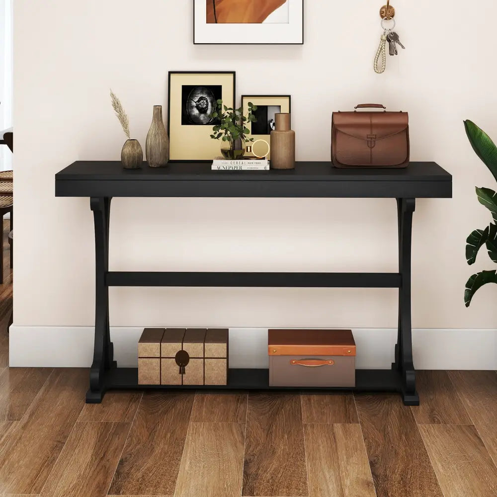 Narrow Console Table Vintage 52 Inch Long with Open Storage Shelf-Black - Black - Console Tables
