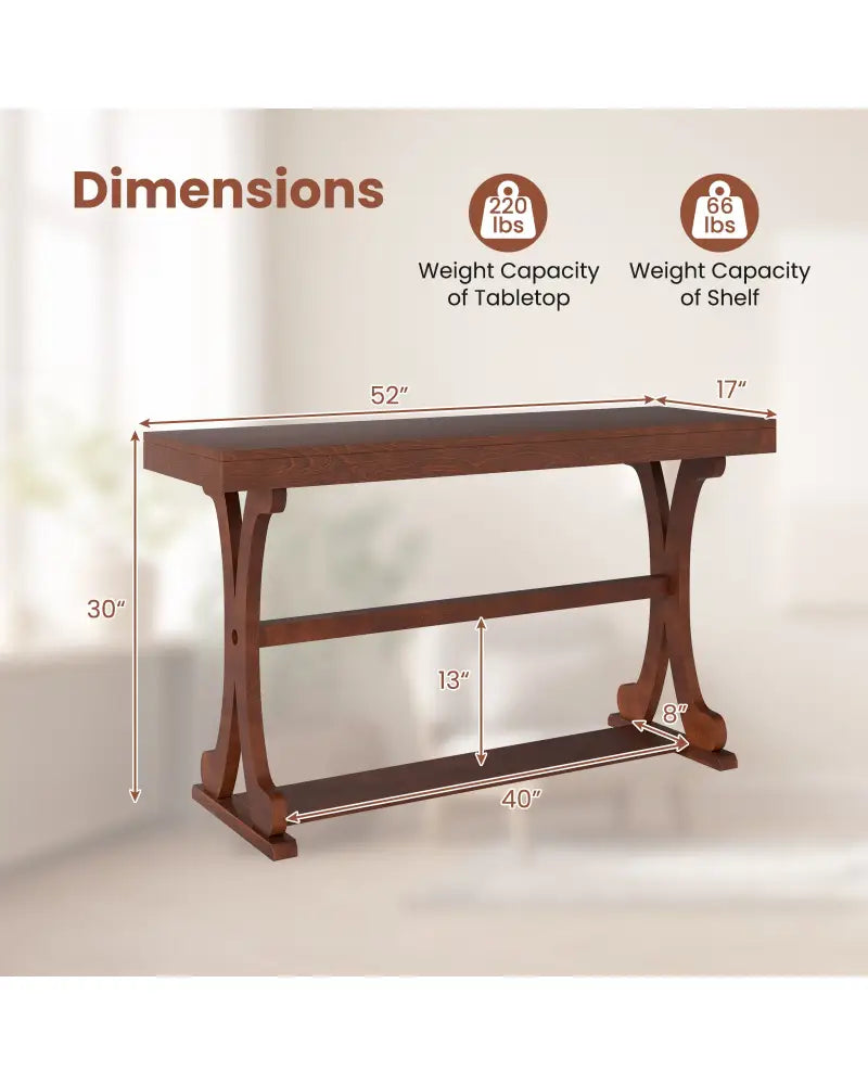 Narrow Console Table Vintage 52 Inch Long with Open Storage Shelf-Walnut - Walnut - Console Tables