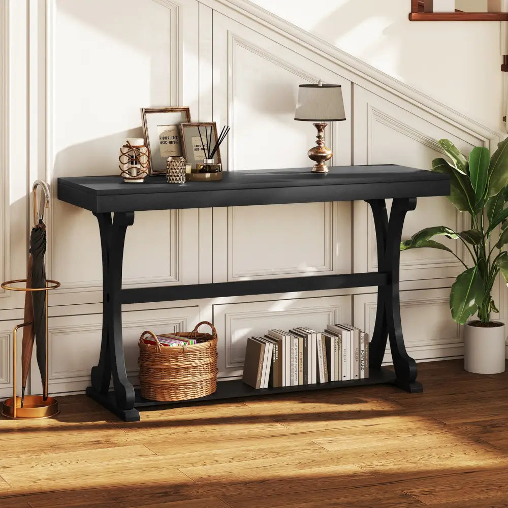 Narrow Console Table Vintage 52 Inch Long with Open Storage Shelf-Black - Black - Console Tables