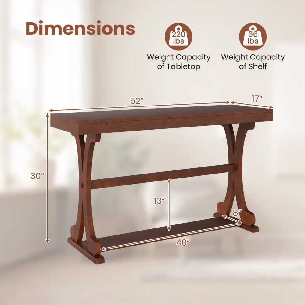 Narrow Console Table Vintage 52 Inch Long with Open Storage Shelf-Walnut - Walnut - Console Tables