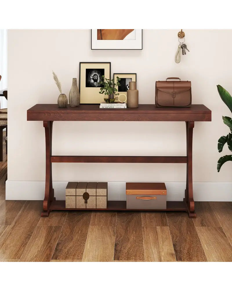 Narrow Console Table Vintage 52 Inch Long with Open Storage Shelf-Walnut - Walnut - Console Tables